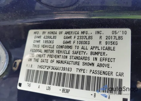 2010 Honda Accord 2.4 Lx из США, поврежденный, VIN 1HGCP2F34AA139163